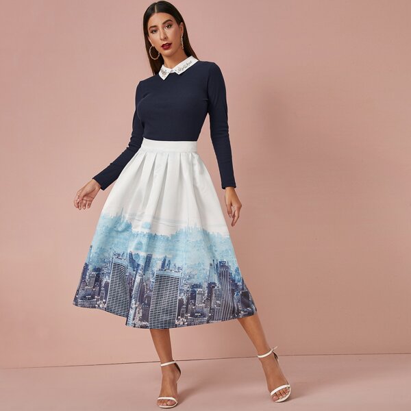 

Rhinestone Detail Contrast Collar Top & Landscape Skirt Set, Multicolor