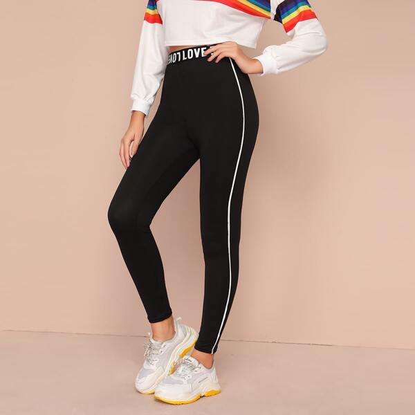 

Contrast Binding Letter Graphic Waist Leggings, Black