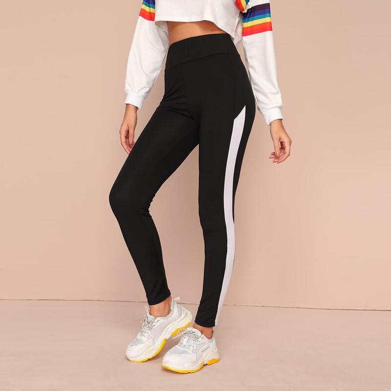 

Contrast Panel Elastic Waist Leggings, Black