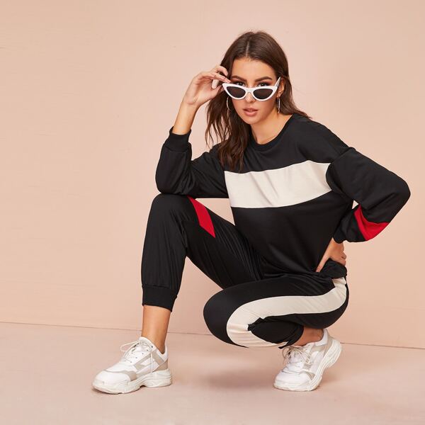 

Contrast Panel Sweatshirt & Drawstring Waist Sweatpants, Black