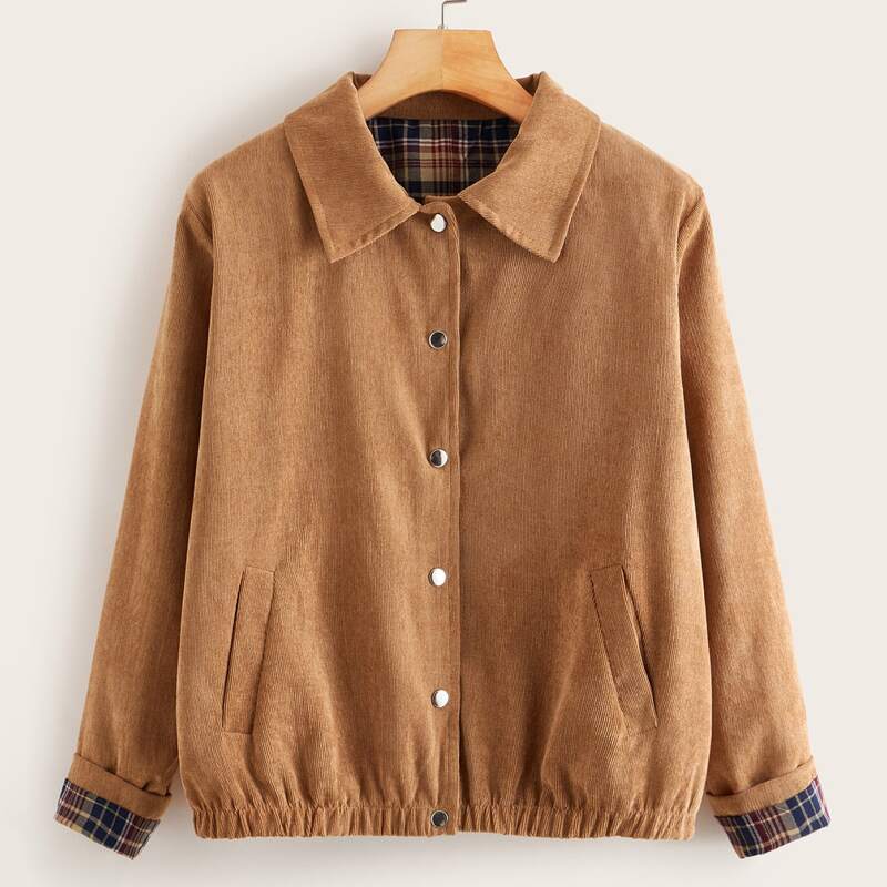 

Plaid Lined Button Through Corduroy Jacket, Brown