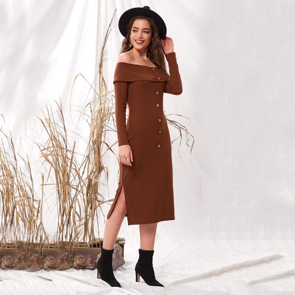

Bardot Button Front Slit Hem Rib-knit Dress, Brown
