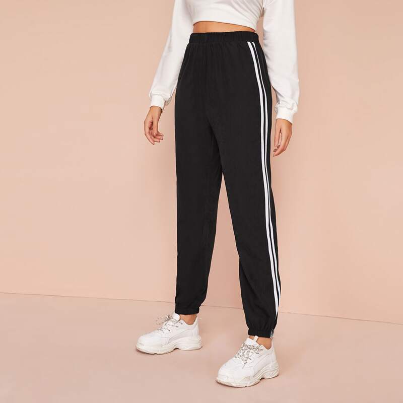 

Side Striped Elastic Waist Suede Sweatpants, Black