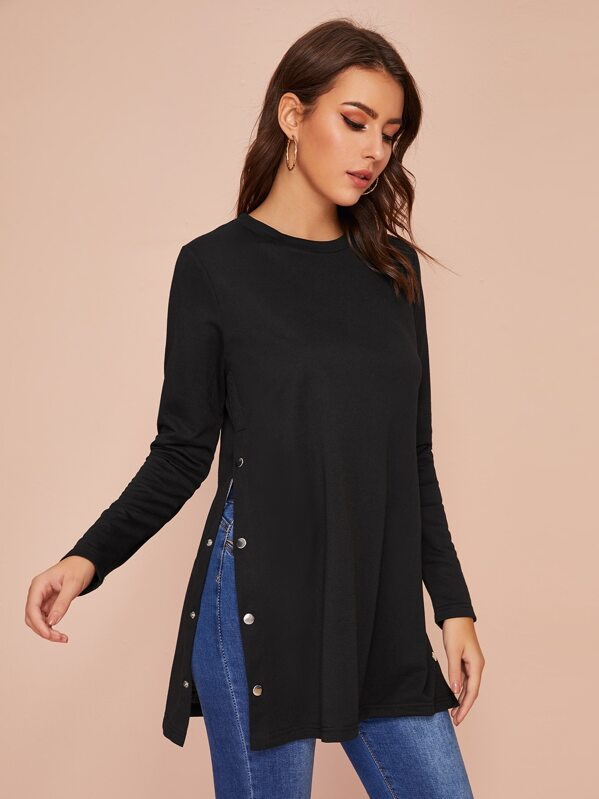 

Solid Button Detail Side Split Tee, Black, MARTINA