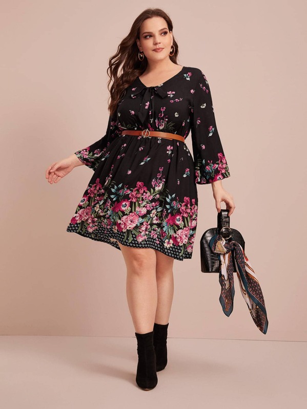

Plus Floral Print Tie Front A-line Dress Without Belt, Black, Ella
