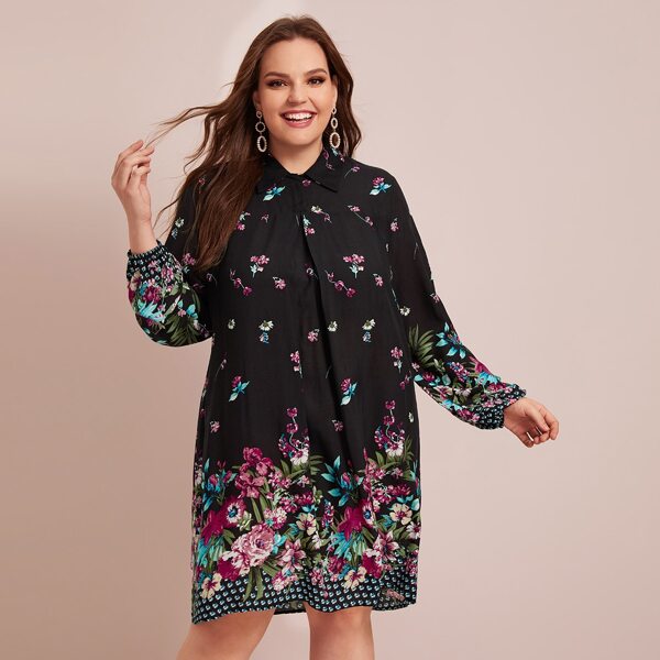 

Plus Floral Print Shirt Dress, Black