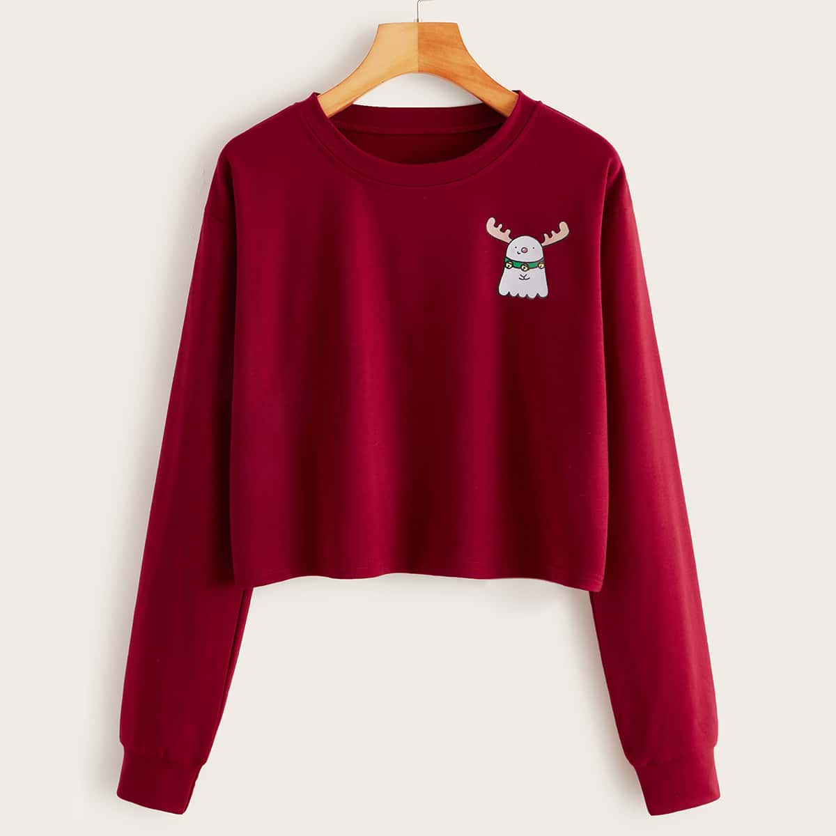 

Christmas New Year Elk Print Crop Sweatshirt, Burgundy