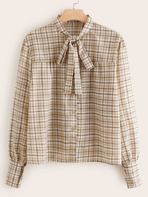 

Plus Plaid Tie Neck Blouse, Khaki