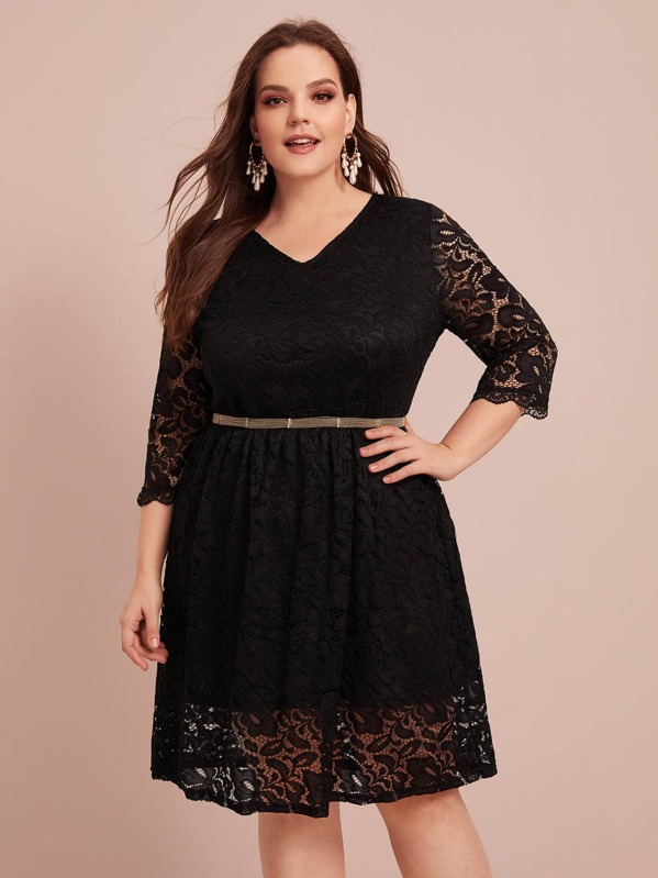 

Plus V-neck Contrast Lace A-line Dress Without Belted, Black, Ella
