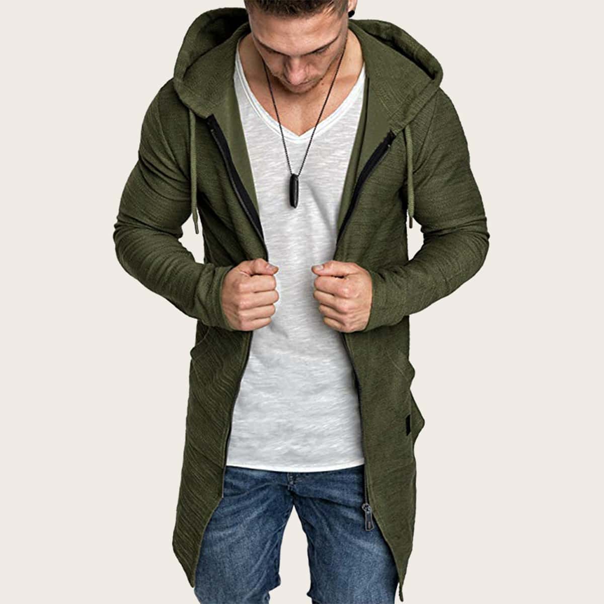 

Guys Asymmetrical Hem Zip Up Drawstring Hooded Sweatshirt, Army green
