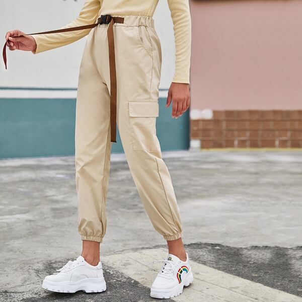 

Buckle Ribbon Elastic Waist Carrot Pants, Beige