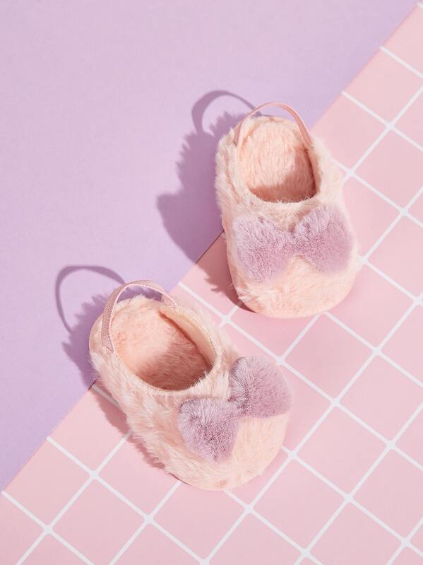 Baby Girl Bow Decor Fluffy Slingback Flats, Pink