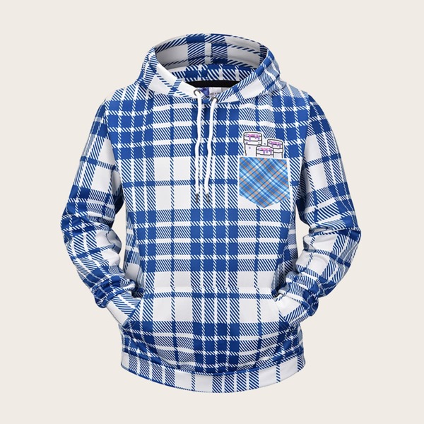 

Men Tartan Plaid Drawstring Hoodie, Blue