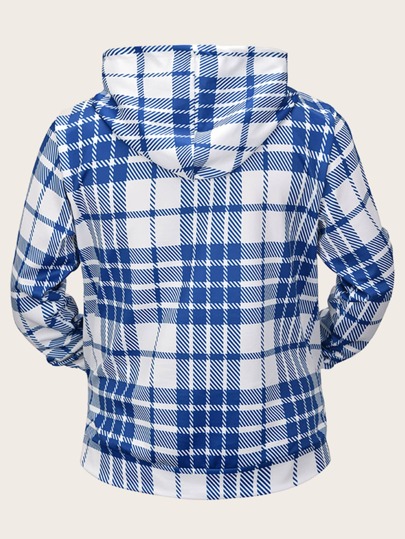 men contrast tartan drawstring hoodie