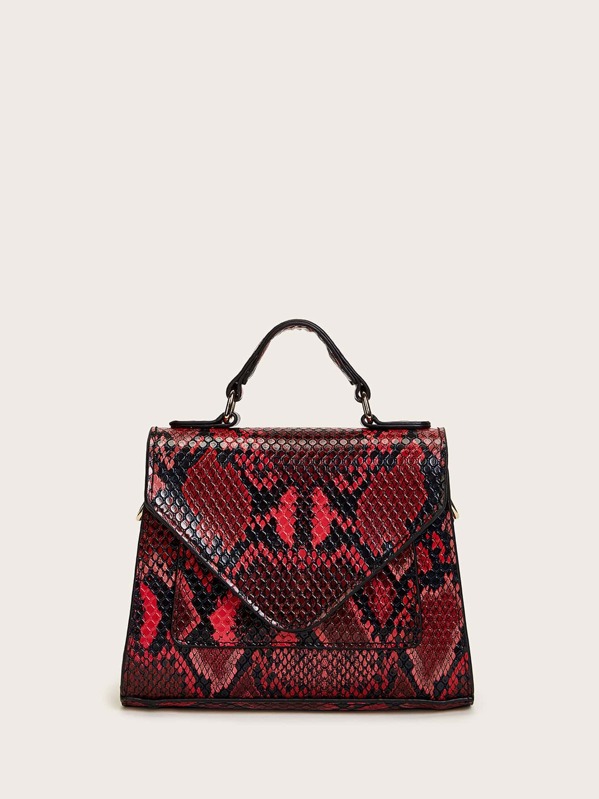 

Snakeskin Flap Satchel Bag, Red