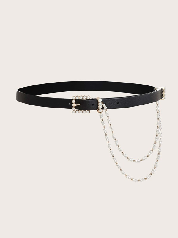 

Faux Pearl Beaded Chain Buckle Belt, Black