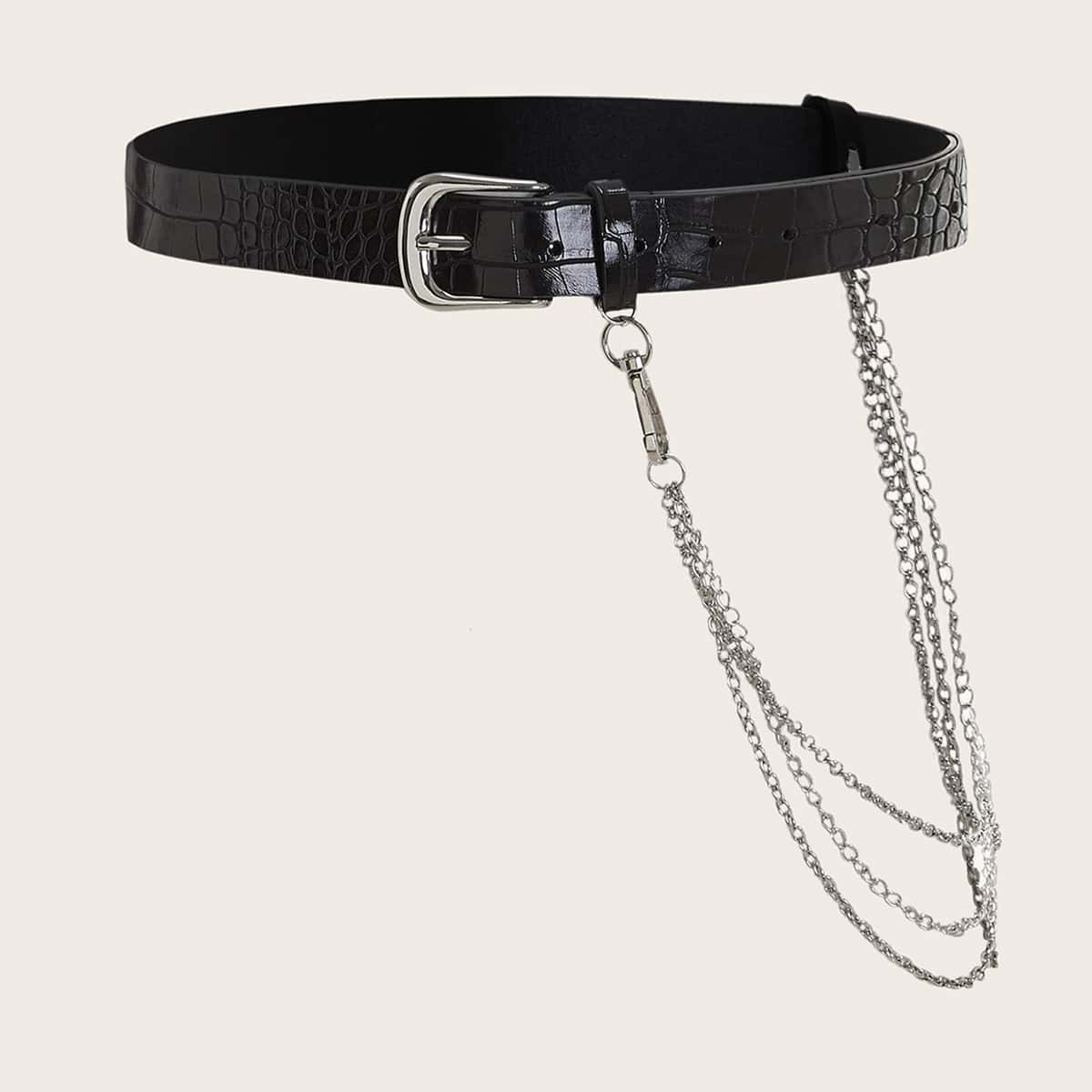 

Chain Decor Croc Pattern Buckle Belt, Black