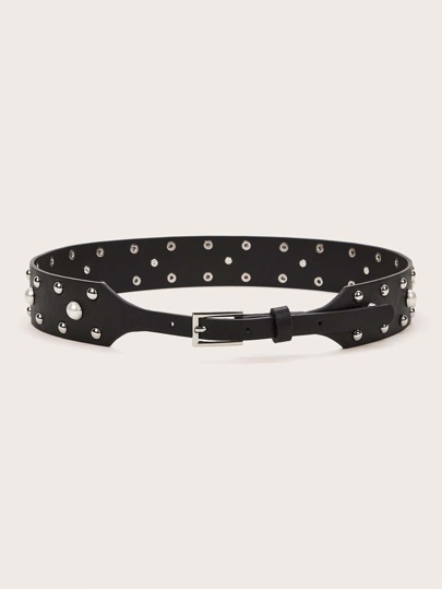 Faux Pearl & Studded Decor Buckle Belt