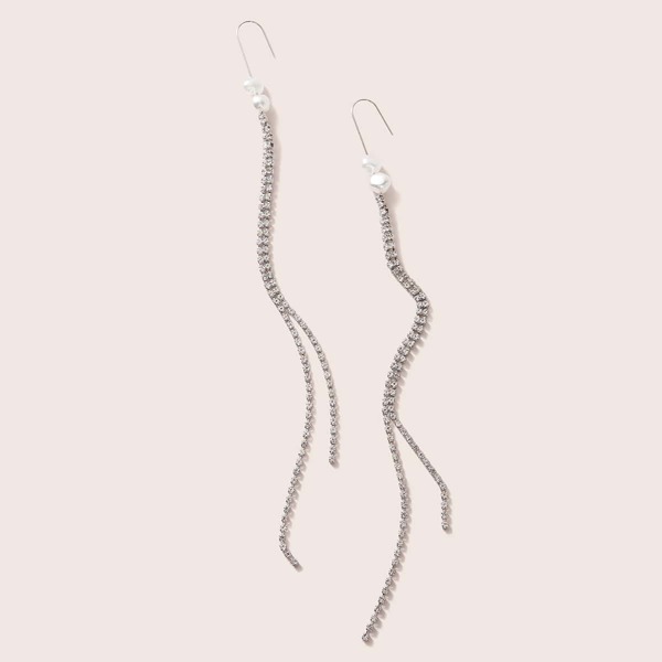 

1pair Faux Pearl Decor Rhinestone Long Strip Drop Earrings, Silver