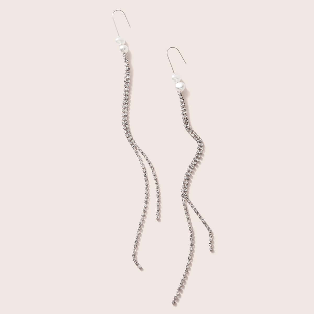 

1pair Faux Pearl Decor Rhinestone Long Strip Drop Earrings, Silver
