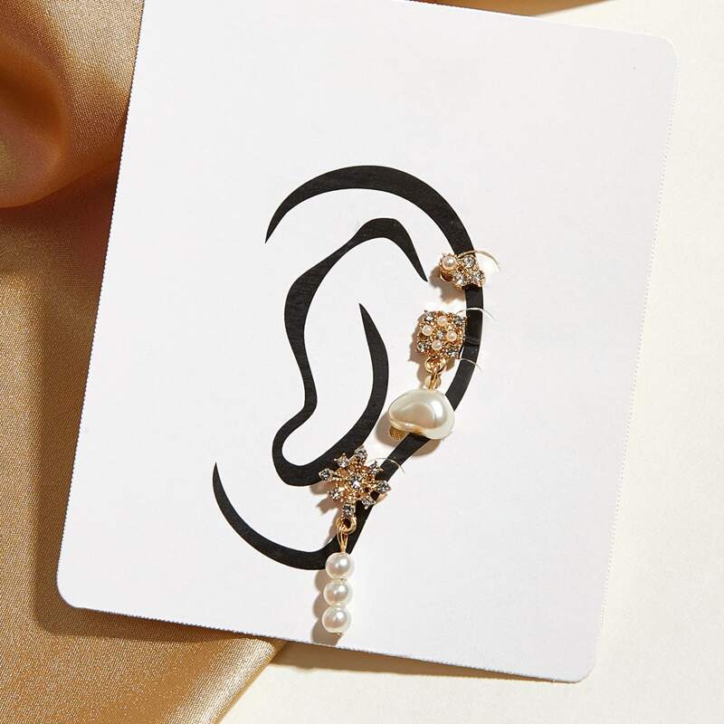 

3pcs Rhinestone Engraved Flower & Faux Pearl Decor Earrings, Gold