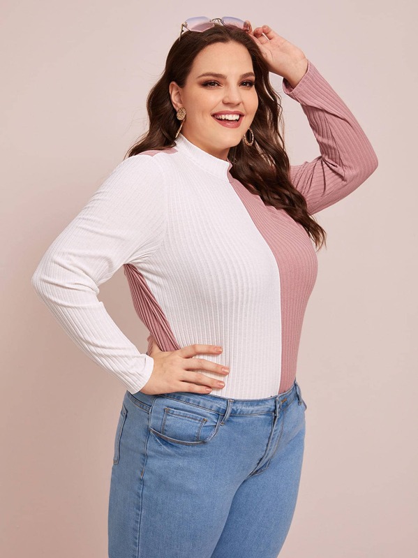 

Plus Two Tone Mock-neck Rib-knit Slim Sweater, Multicolor, Ella