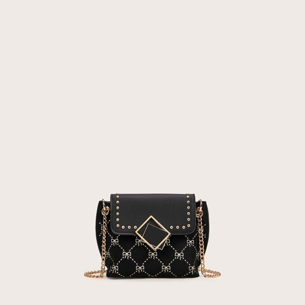 

Bow Embroidered Studded Chain Bag, Black