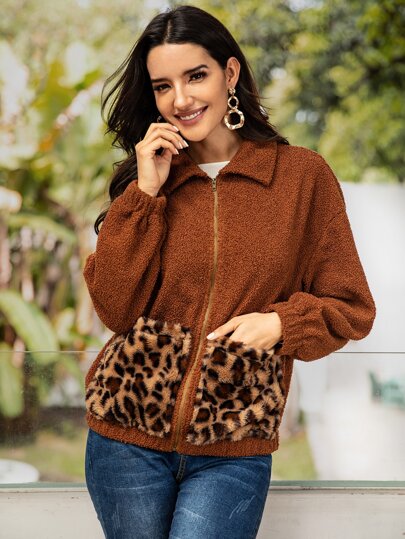 Leopard Print Pocket Patched Teddy Jacket