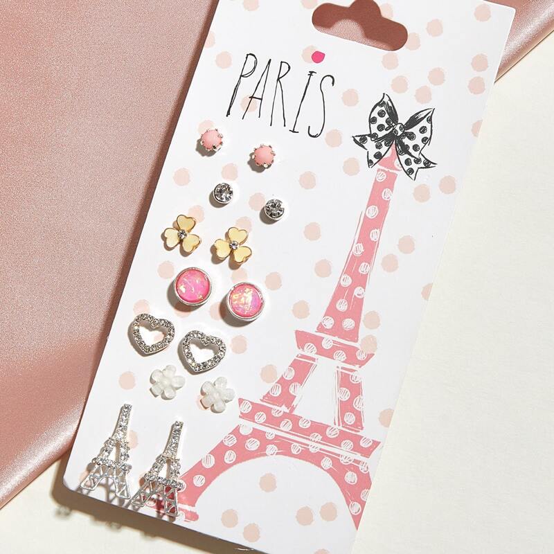 

7pairs Rhinestone Engraved Eiffel Tower & Heart Earrings Set, Multicolor