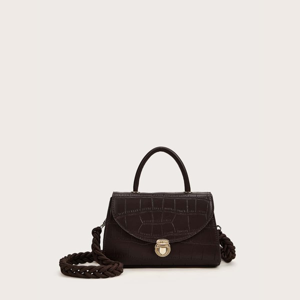 

Croc Embossed Satchel Bag With Braided Strap, Coffee