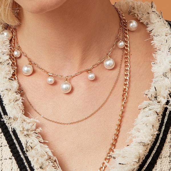 

2pcs Faux Pearl Charm Layered Chain Necklace, Gold