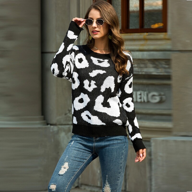 

Graphic Print Drop Shoulder Sweater, Black and white