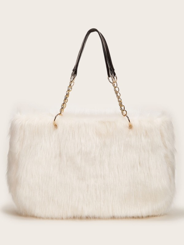 

Faux Fur Chain Tote Bag, White