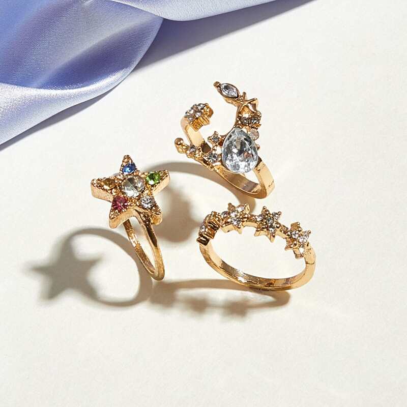 

3pcs Rhinestone Engraved Star & Moon Decor Ring, Multicolor