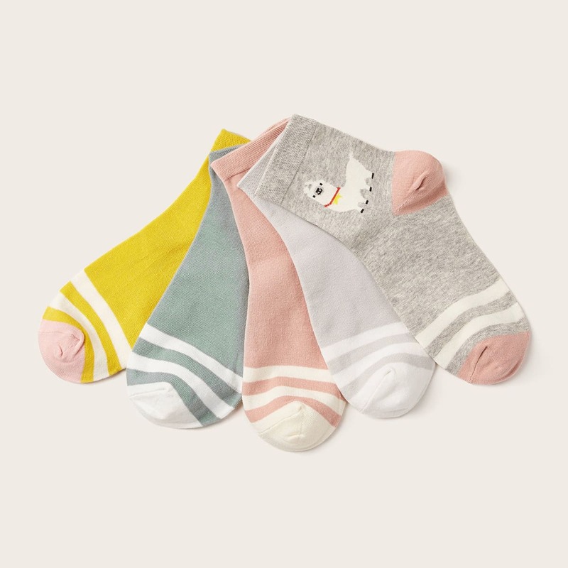 

5pairs Striped & Dog Pattern Socks, Multicolor