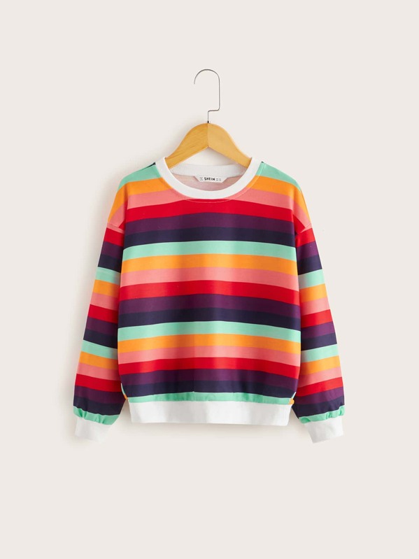 

Girls Rainbow Striped Drop Shoulder Pullover, Multicolor