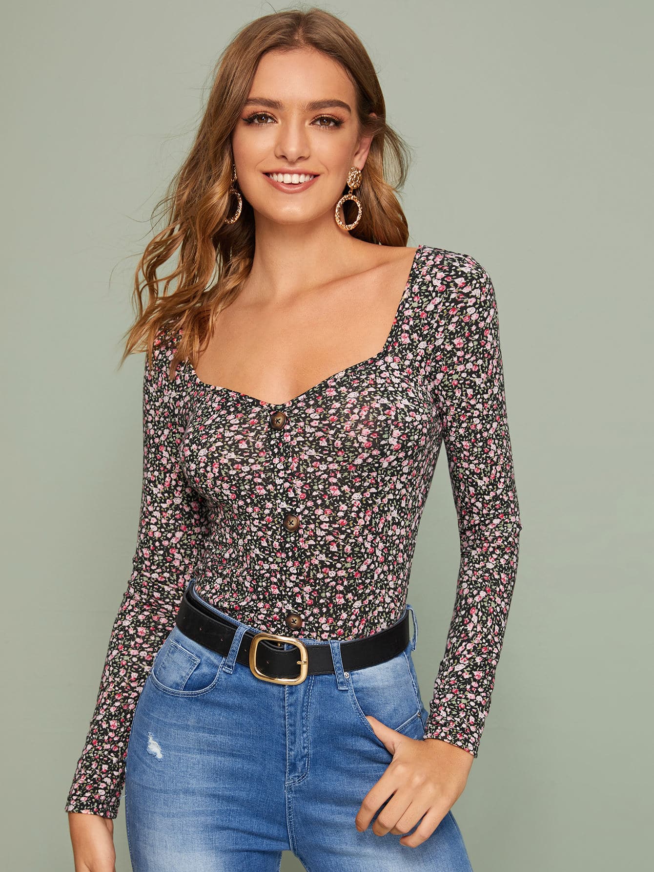 Ditsy Floral Sweetheart Neck Fitted Tee thumbnail