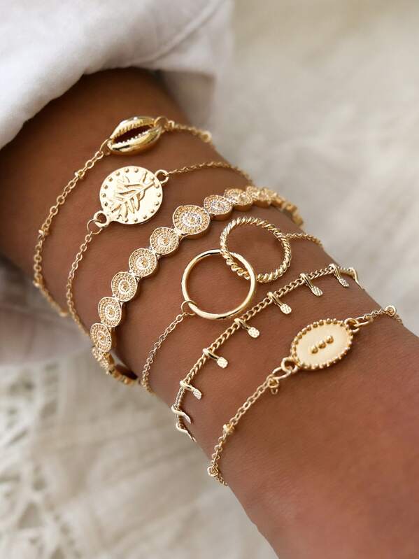 

6pcs Shell & Coin Decor Bracelet, Bronze