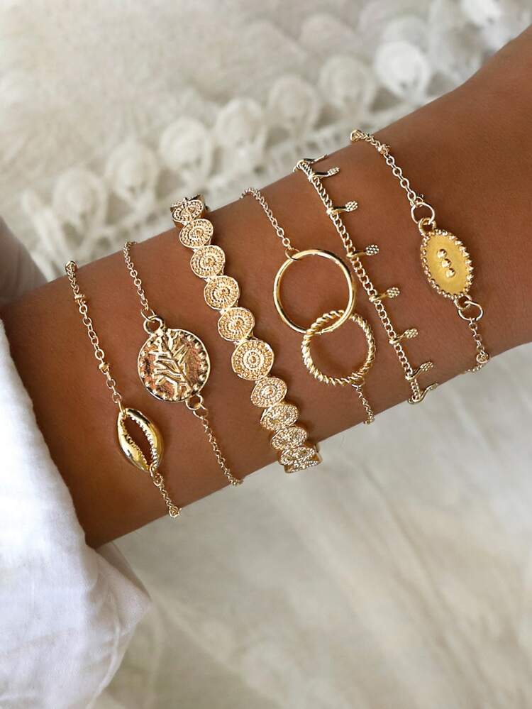 6pcs Shell & Coin Decor Bracelet