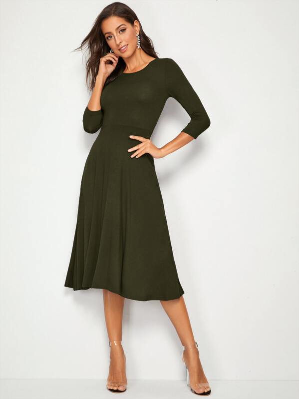 

Solid Fit and Flare Dress, Army green, Mary P.