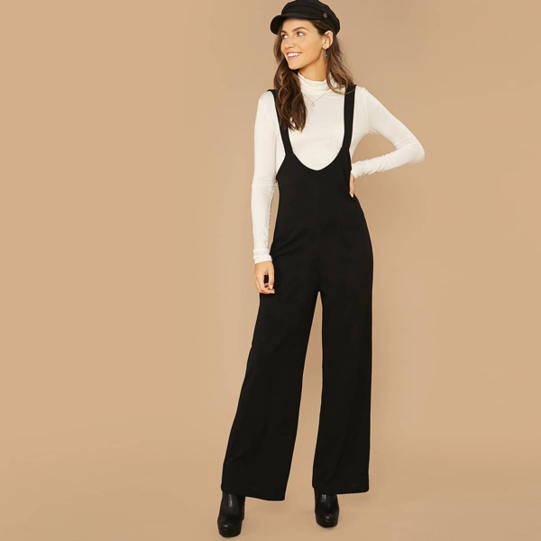 

Solid Wide Leg Suspender Jumpsuit, Black