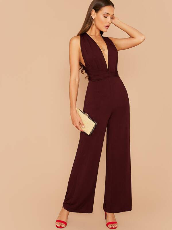 

Multi Way Open Back Wide Leg Jumpsuit, Burgundy, Anna Herrin