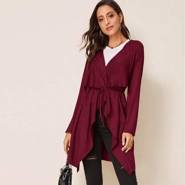 

Draped Collar Tie Waist Suede Coat, Burgundy