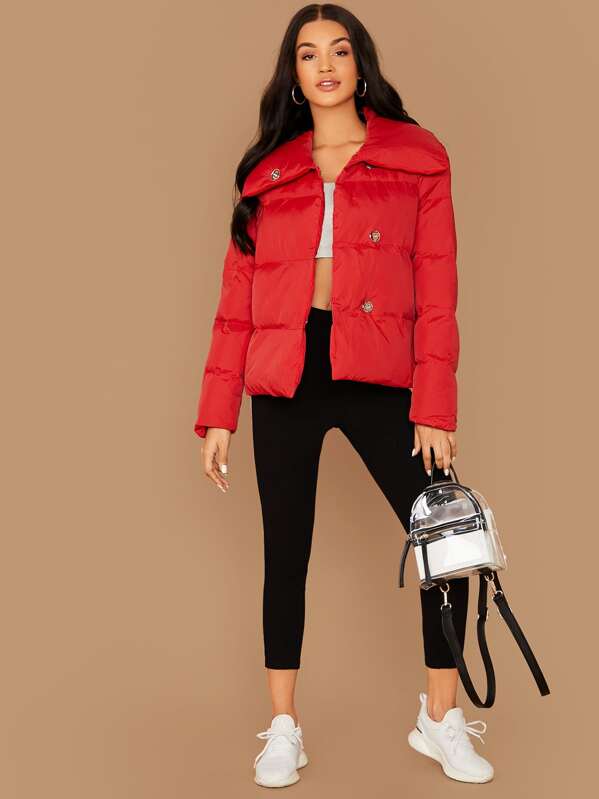 

Single Breasted Solid Puffer Coat, Red, Juliette