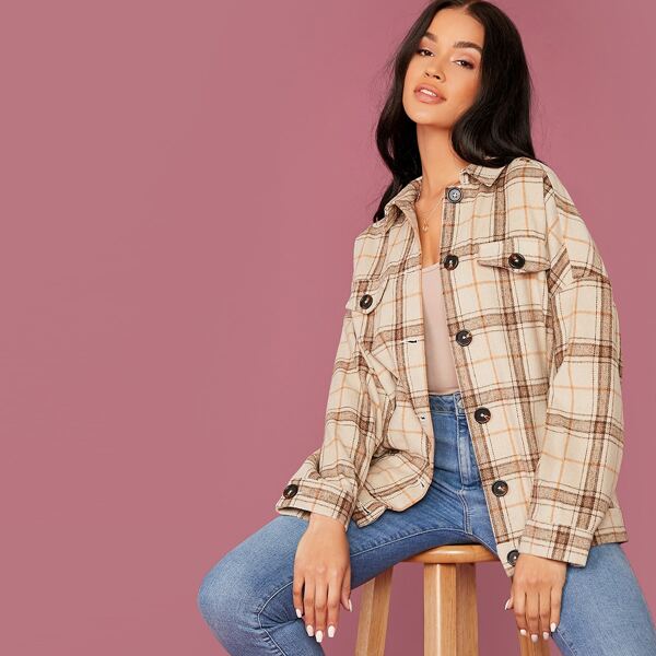 

Flap Detail Drop Shoulder Plaid Coat, Apricot