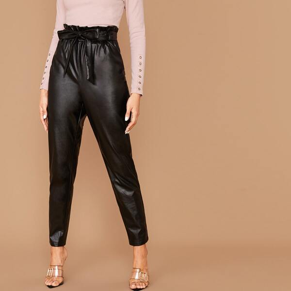 

Solid Paperbag Waist PU Leather Pants, Black