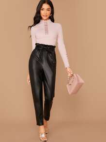 SHEIN Solid Paperbag Waist PU Leather Trousers - Black - View 5