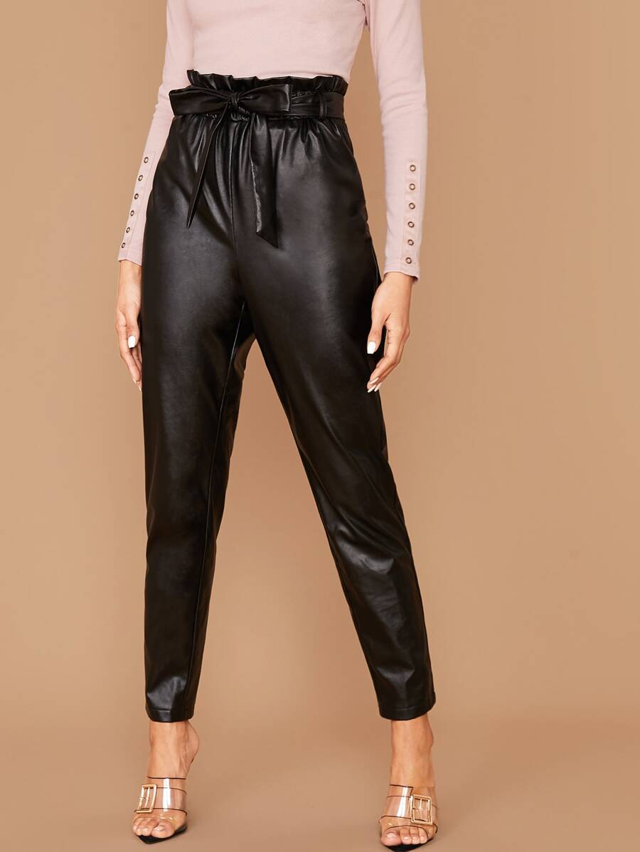 SHEIN Solid Paperbag Waist PU Leather Trousers - Black - View 1