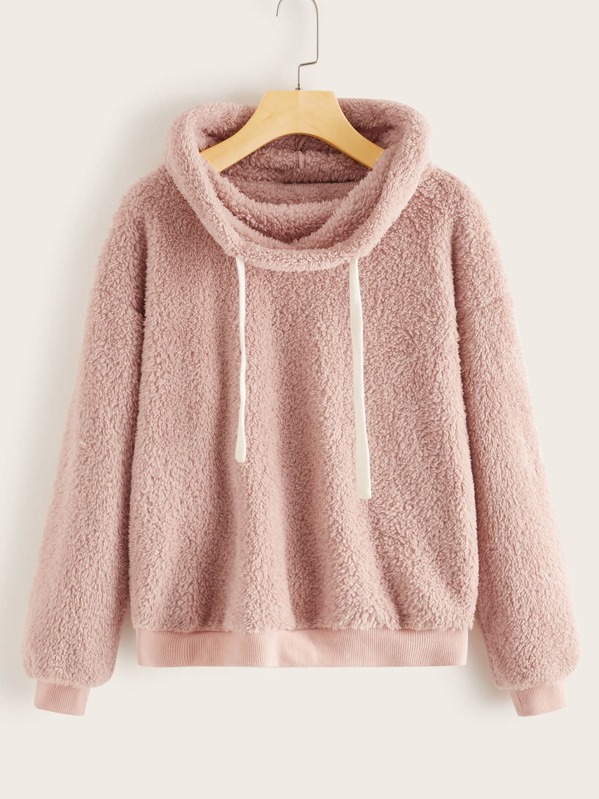 

Drop Shoulder Cowl Neck Drawstring Teddy Pullover, Pink, Luiza