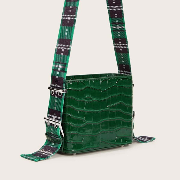 

Croc Embossed Crossbody Bag With Plaid Strap, Green